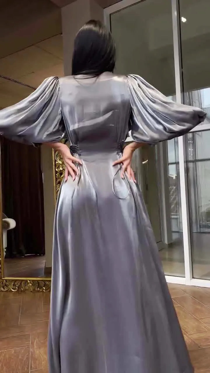 Elegant Satin Evening Dresses for Women Long Sleeve Gray Robe Dubai Abaya Morocco Maxi Luxury Party Dress New Fashion