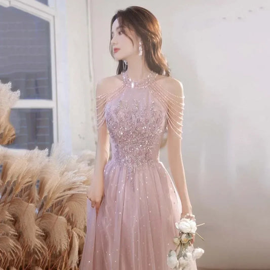 Pink Evening Dress Women's New 2025 Temperament Celebrity Light Luxury Banquet Birthday Host Model