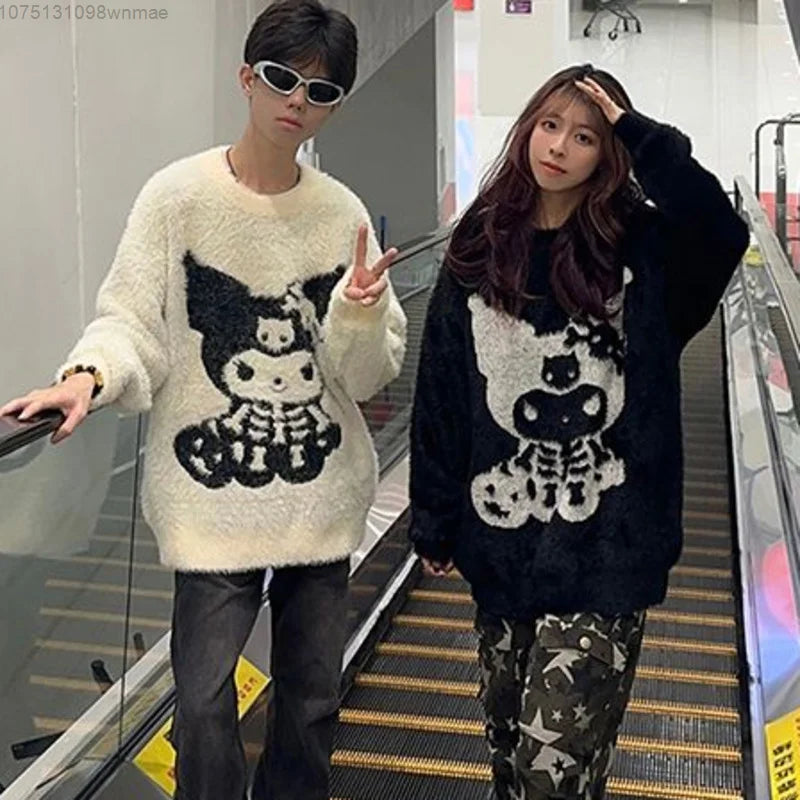 Men and Women's Halloween Skeleton Kuromi Knitted Fleece Pullovers, Y2k Goth Jacquard Sweater, Cute Loose Knitwear, Sanrio