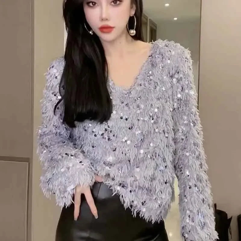 GIDYQ Tassel Sequin Feather Sweater Women Fashion V Neck Long Sleeve Knitted Pullovers Elegant Chic Loose Streetwear Autumn New