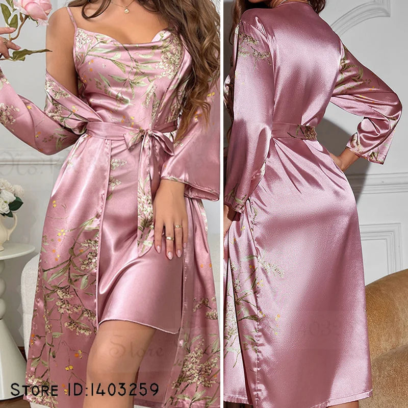 Print Cherry 2PCS Robe Set Suspender Nightgown Summer Women Kimono Bathrobe Gown Sleepwear Loose Satin Home Dress Loungewear