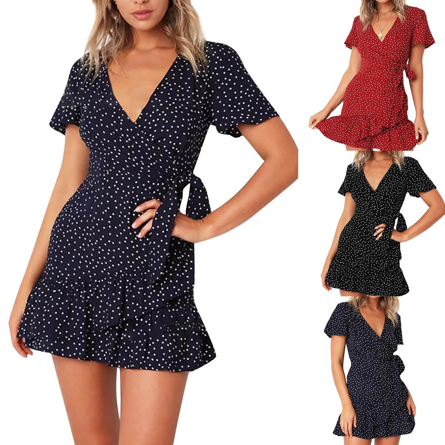 Chiffon Ruffle Short Sleeve Printed Bandage Casual V-Neck High-quality and comfortable Dress