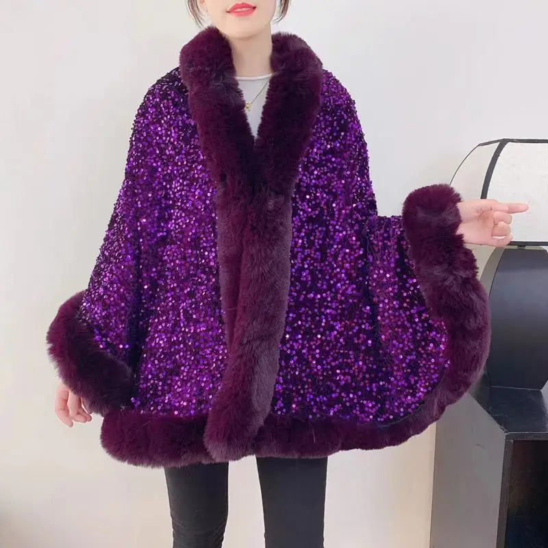 Fashion Shiny Paillette Faux Rex Rabbit Fur Cape Coat Women Winter Thicken Lining Warm Party Dress Cloak Shawl Women Wraps New