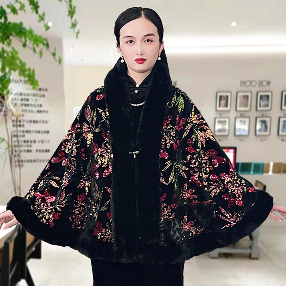 Winter Sequin Knitted Shawl Coat Ladies Fashion Fur Collar Thicken Warm Poncho Cape Women Cardigan Female Sleeveless Cloak Tops