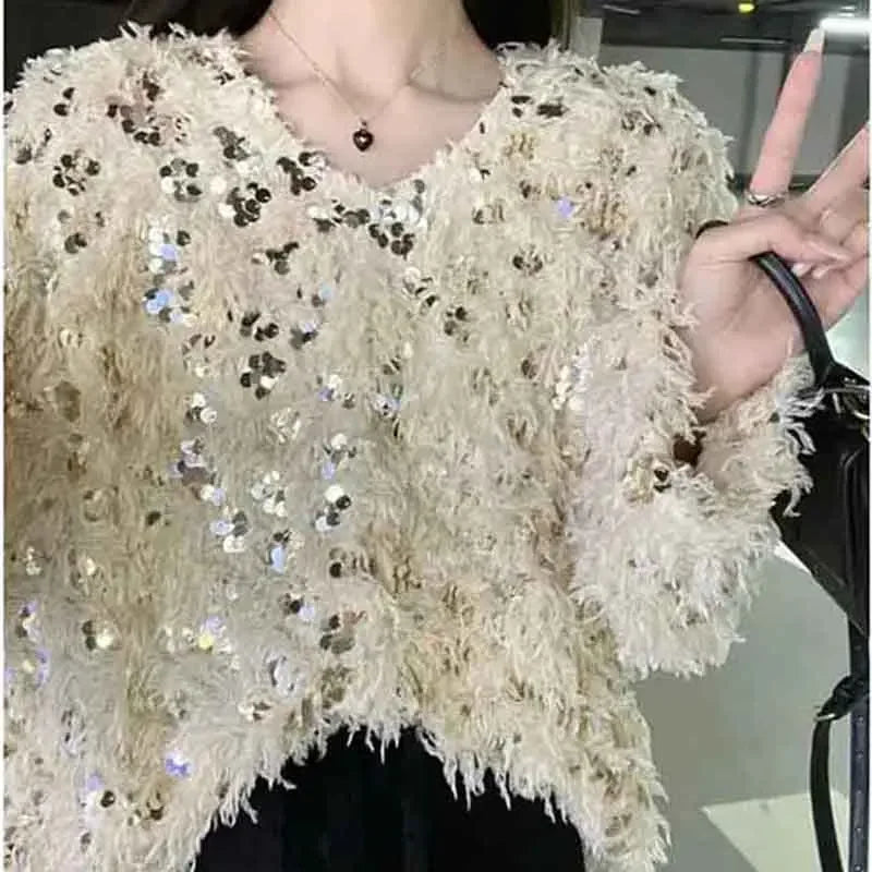 GIDYQ Tassel Sequin Feather Sweater Women Fashion V Neck Long Sleeve Knitted Pullovers Elegant Chic Loose Streetwear Autumn New