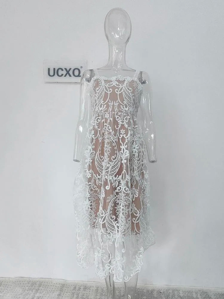 UCXQ Square Neck Lace Embroidery Elegant Long Dress Fairycore Waist Sleeveless Camisole Dresses Women 2025 Spring Summer 23A8639