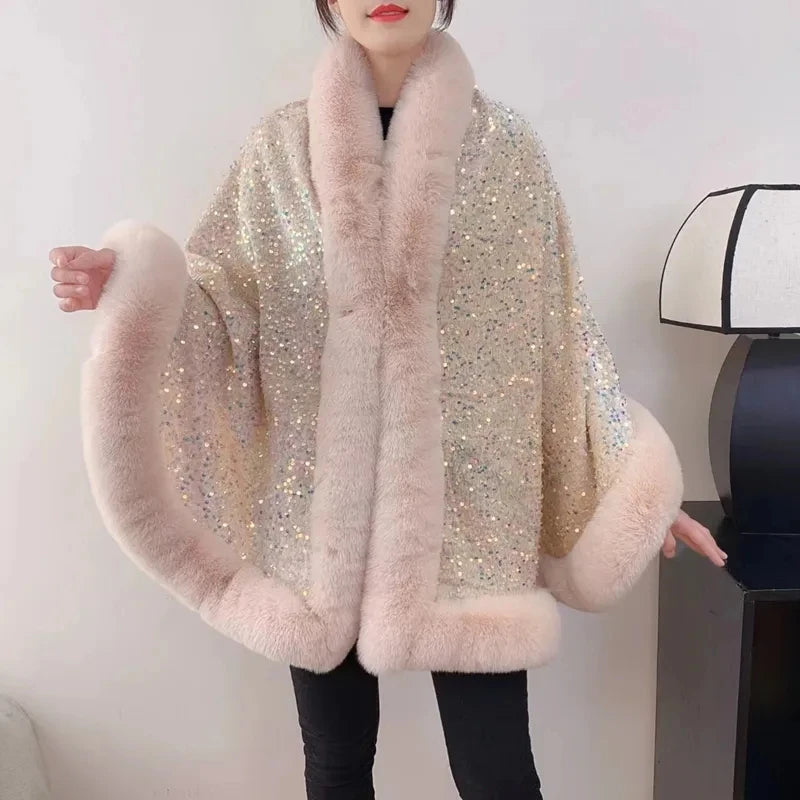 Fashion Shiny Paillette Faux Rex Rabbit Fur Cape Coat Women Winter Thicken Lining Warm Party Dress Cloak Shawl Women Wraps New