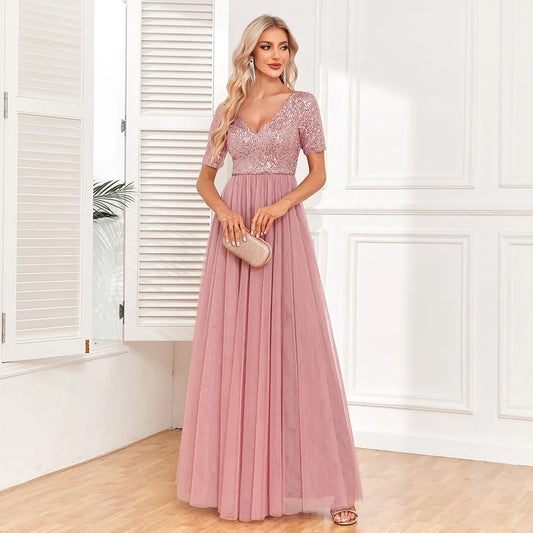 Ladies Elegant Short sleeved Dress with Lace Embroidery V-neck A-line Sequin Evening Dress Bridesmaid Party Graduation Dres