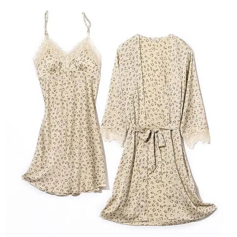 Women Satin Lace Kimono Bath Gown With Chemise Nightgown 2PCS Leopard Robe Set Sexy V-Neck Suspender Nightdress&Bathrobe Suit