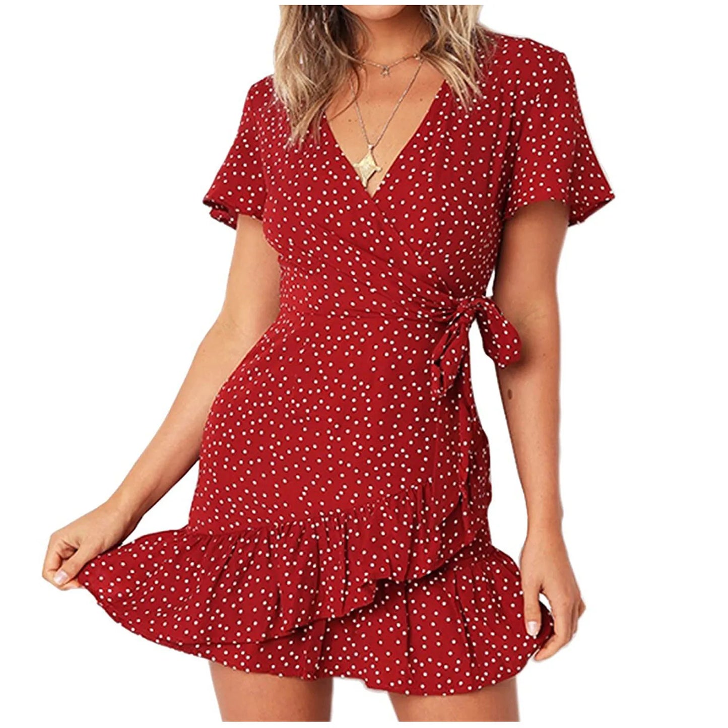 Chiffon Ruffle Short Sleeve Printed Bandage Casual V-Neck High-quality and comfortable Dress