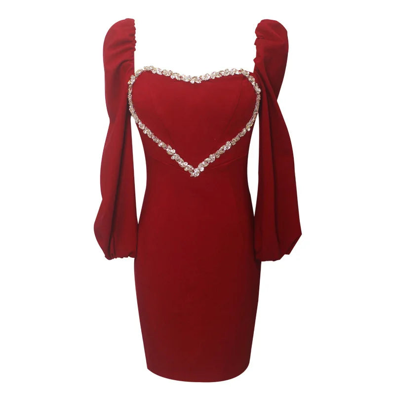 Peach Heart shaped Rhinestone Decorative French Elegant Women's Annual Meeting Dress Early Autumn Temperament Wine Red Dresses