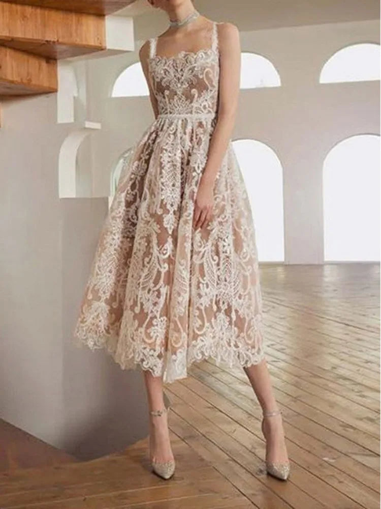 UCXQ Square Neck Lace Embroidery Elegant Long Dress Fairycore Waist Sleeveless Camisole Dresses Women 2025 Spring Summer 23A8639