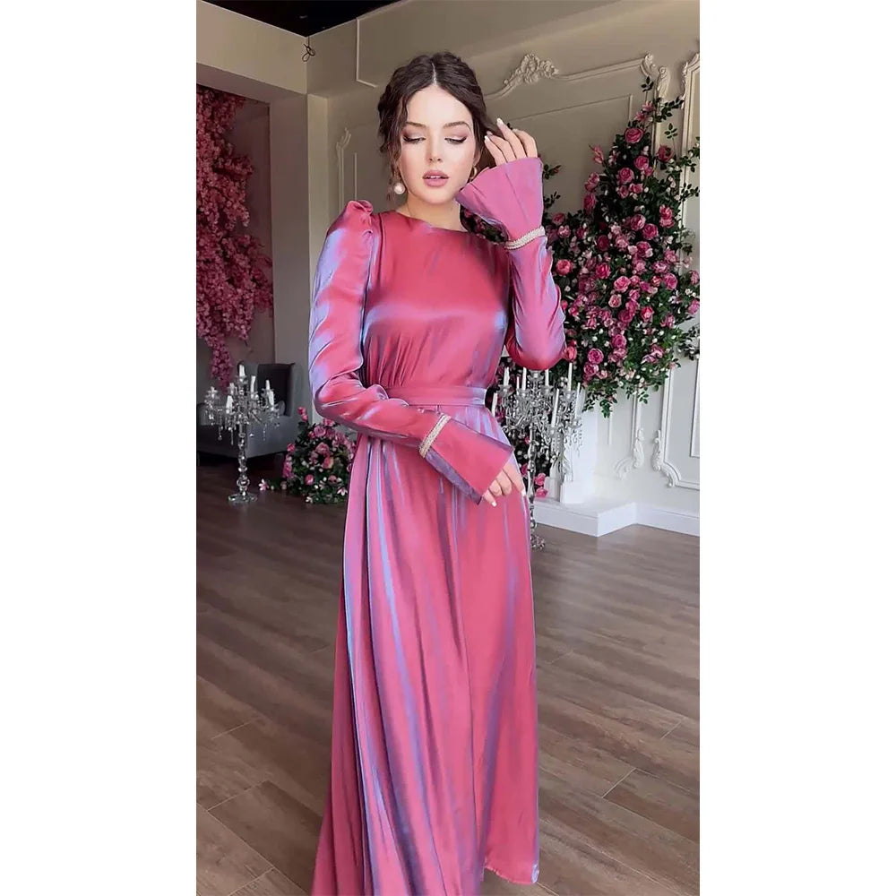 Fashion Satin Long Dress For Women Solid High Waist Long Sleeve Elegant Maxi Dress Female Party Evening Bridesmaid Dresses