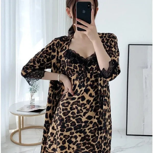 Women Satin Lace Kimono Bath Gown With Chemise Nightgown 2PCS Leopard Robe Set Sexy V-Neck Suspender Nightdress&Bathrobe Suit