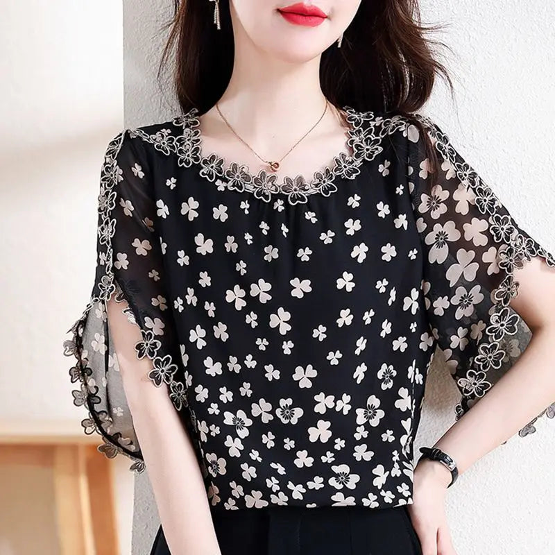 Women Summer Elegant Loose Temperament Printing Hollow Out O-neck Short Sleeve Chiffon Shirt Ladies Casual All-match Trend Tops