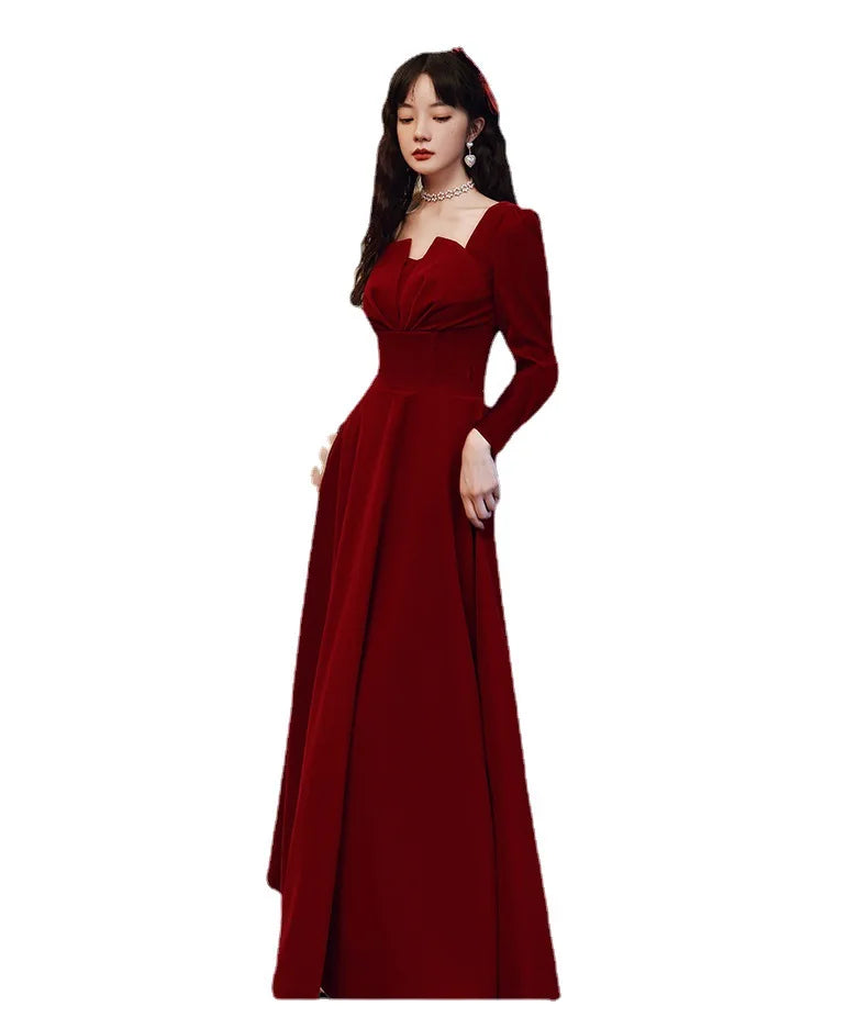 2024 Elegant Long sleeved Office Dress Wine Red Autumn Square Collar A-line Long Skirt Formal Party Wedding Bridesmaid Ball Dres