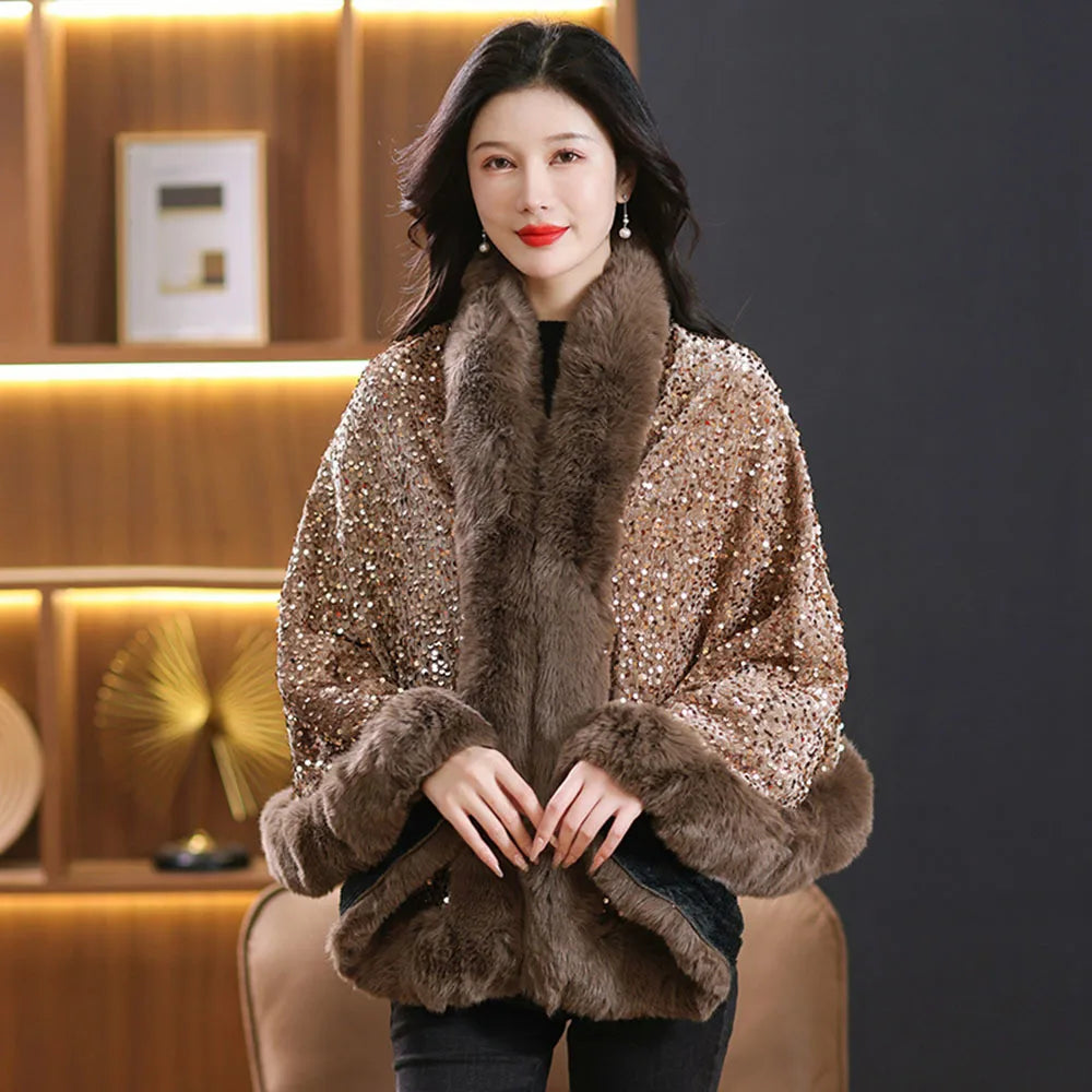 Winter Sequin Knitted Shawl Coat Ladies Fashion Fur Collar Thicken Warm Poncho Cape Women Cardigan Female Sleeveless Cloak Tops