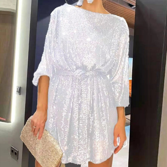 New Women's Holiday Party Cocktail Party Sparkling Beaded Dress Fashion Temperament Elegant Sexy Sequined Evening Dress