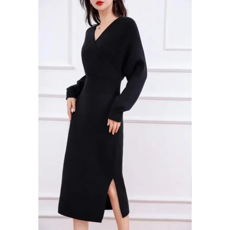 Fashionable Women's V-neck Slanted Collar Woolen Dress Autumn and Winter New Item, Hip Hugging Slim Fit and Slimming Knit Dress