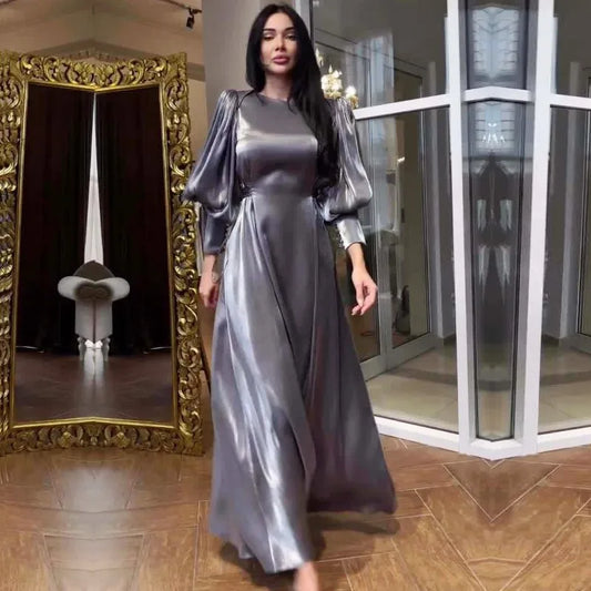 Elegant Satin Evening Dresses for Women Long Sleeve Gray Robe Dubai Abaya Morocco Maxi Luxury Party Dress New Fashion