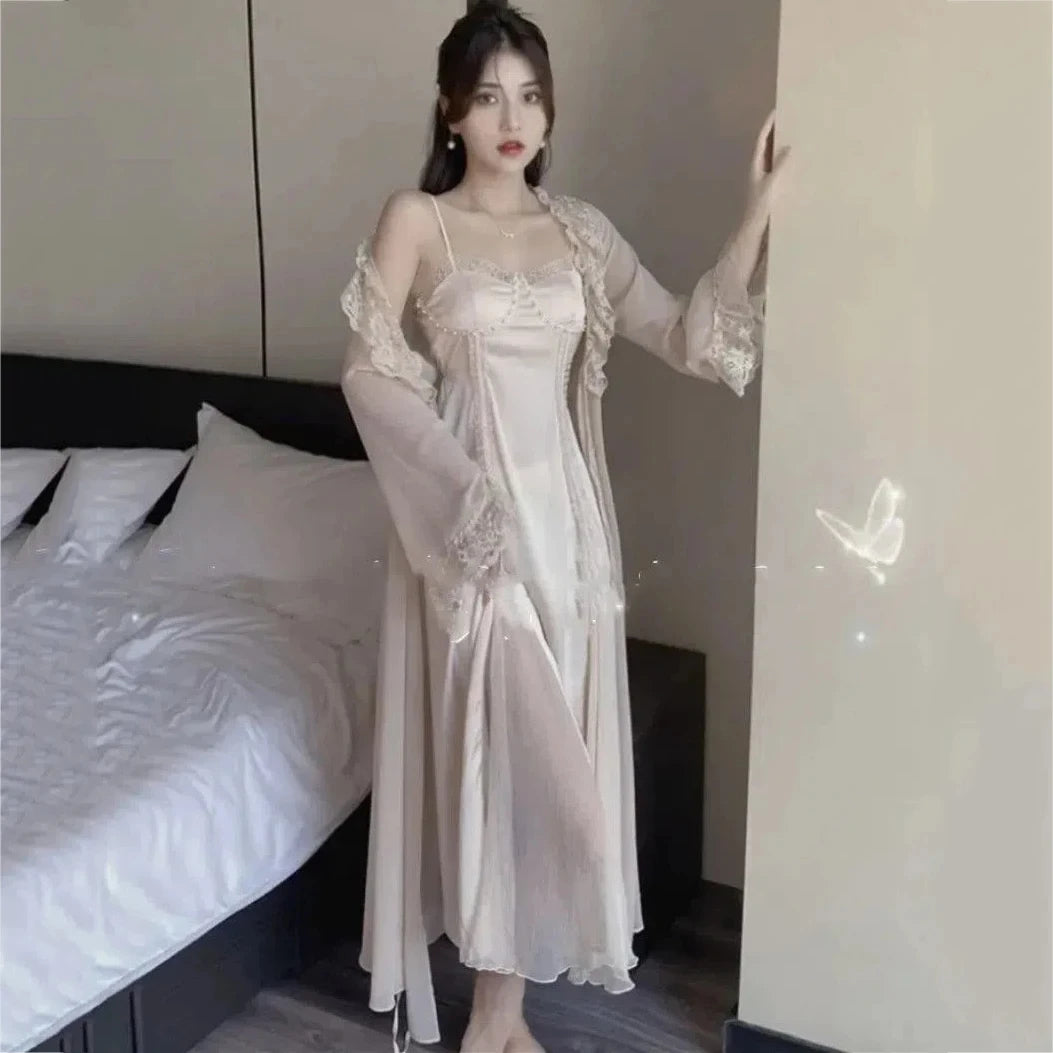 Female Long 2PCS Nighty&Robe Sleepwear Set Sexy Long Lace Trim Bathrobe Gown Suspender Nightdress Summer Loose Satin Home Wear