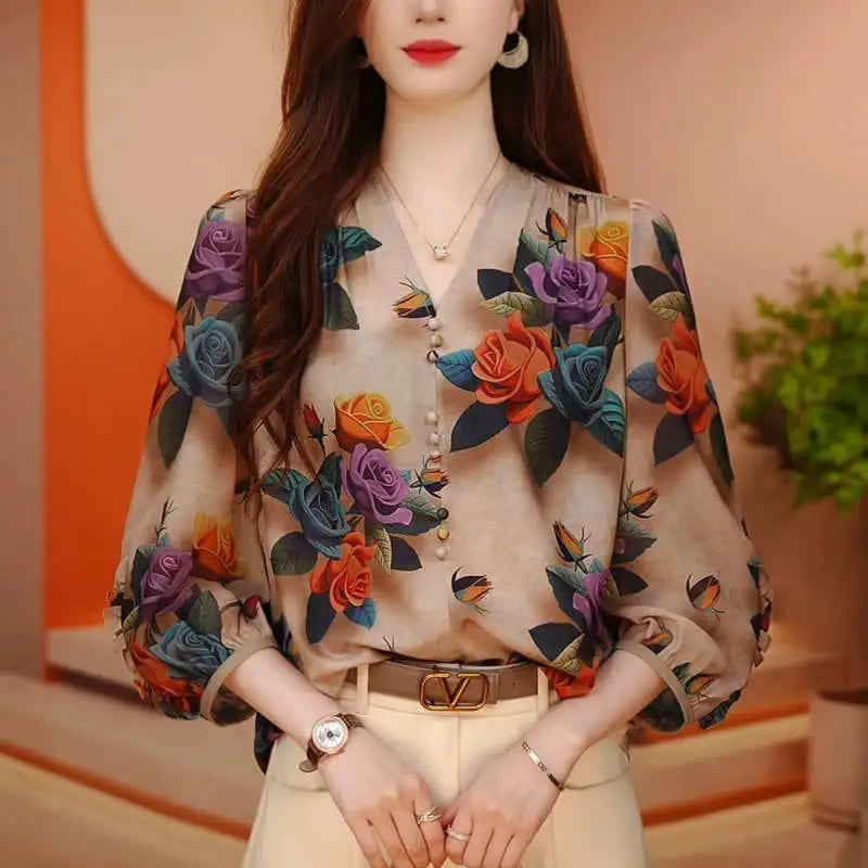 Women Summer Vintage Floral Print Blouses Korean Fashion V Neck 3/4 Sleeve Elegant Shirts Female Casual Ruffled Loose Chic Tops